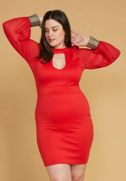 Plus Size Gold Cuffed Chiffon Sleeve Bodycon Dress