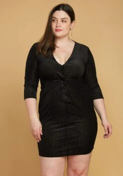 Asoph Plus Size Ribbed Velvet Twist Front Dress