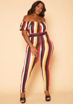 Plus Size Puff Sleeve Multi Stripe Jumpsuit
