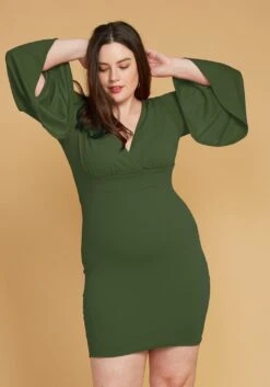 Asoph Plus Size V-Neck Flared Sleeve Dress