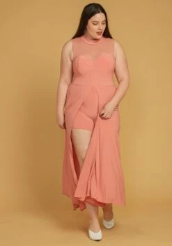 Plus Size Sleeveless Mesh Accent Romper With Cape Hem