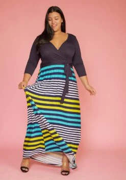 Plus Size Multi Stripe Contrast Wrap Dress