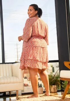 Pleione Plus Size Womens Red Floral Tier Layered Chiffon Dress -Mini Dress Store 2006704 110 3