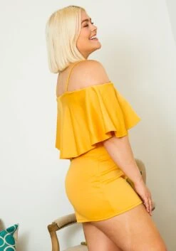 Asoph Plus Size Womens Off Shoulder Yellow Layered Ruffle Romper -Mini Dress Store 2008565 105 2