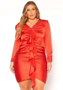 Asoph Plus Size Satin Waterfall Drape Long Sleeve Mini Dress -Mini Dress Store 2011254 120 0