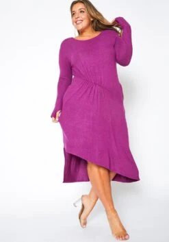 Plus Size Asymmetric Long Sleeve Midi Dress