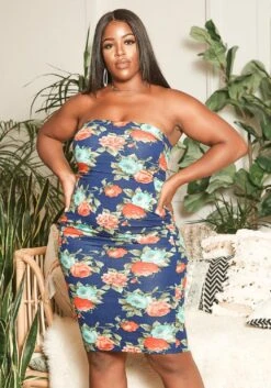 Asoph Plus Size Antique Floral Print Bodycon Tube Dress -Mini Dress Store 2015222 117 0