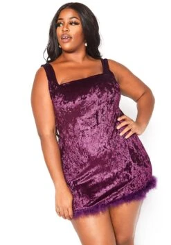 Asoph Plus Size Crushin Velvet Fuzzy Trim Mini Cami Dress