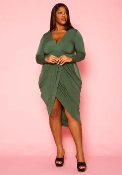 Plus Size Long Sleeve Draped Midi Dress -Mini Dress Store 2016842 001 3