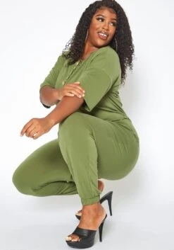 Asoph Plus Size Casual Button Hem Jumpsuit
