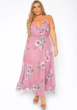 Asoph Plus Size Floral Print Cross Lace Back Maxi Dress