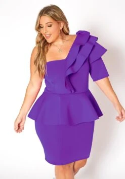 Asoph Plus Size One Shoulder Ruffle Tier Mini Dress