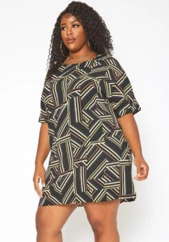 Asoph Plus Size Geometrical Striped Tee Shirt Mini Dress -Mini Dress Store 2017673 001 2