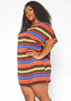 Asoph Plus Size Multi Color Striped Tee Shirt Mini Dress -Mini Dress Store 2017674 128 2