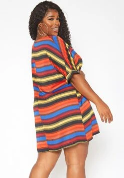 Asoph Plus Size Multi Color Striped Tee Shirt Mini Dress -Mini Dress Store 2017674 128 3