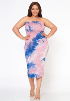 Plus Size Tie Dye Tube Midi Dress