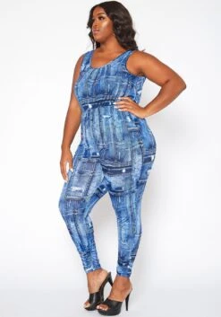 Asoph Plus Size Denim Print Bodycon Jumpsuit -Mini Dress Store 2017919 290 1
