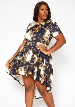 Asoph Plus Size Brocade Print High Low Flare Dress
