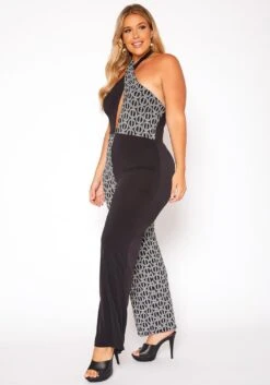 Asoph Plus Size Print Splice Halter Neck Jumpsuit -Mini Dress Store 2018501 172 2