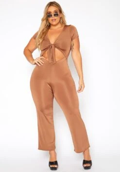 Asoph Plus Size Tie Front Satin Jumpsuit