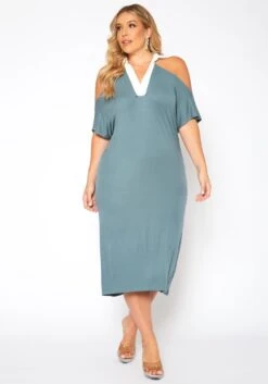 Plus Size Collar Neck Flare Midi Dress