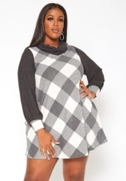 Plus Size Plaid Print Funnel Neck Mini Dress -Mini Dress Store 2018802 107 0
