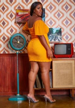 Plus Size Smocked Drawstring Off Shoulder Mini Dress -Mini Dress Store 2018997 109 2