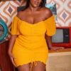 Plus Size Smocked Drawstring Off Shoulder Mini Dress