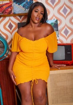 Plus Size Smocked Drawstring Off Shoulder Mini Dress