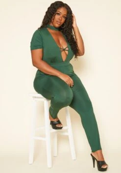 Plus Size Deep V Neck Bodycon Jumpsuit