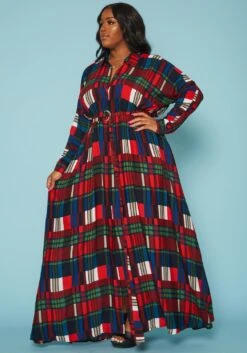 Plus Size Plaid Button Front Collar Maxi Dress -Mini Dress Store 2019312 128 2