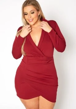 Plus Size Notch Collar Long Sleeve Mini Dress