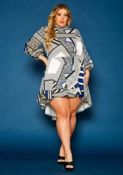 Plus Size Geo Print High To Low Flare Dress