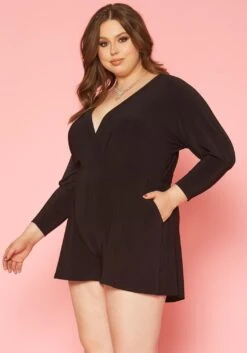 Plus Size V Neck Long Sleeve Romper -Mini Dress Store 2019856 001 2