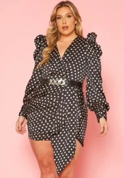 Plus Size Polka Dot Long Sleeve Mini Dress