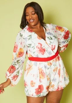 Plus Size Long Sleeve Floral Romper