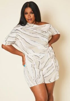 Plus Size Abstract Print Cold Shoulder Romper