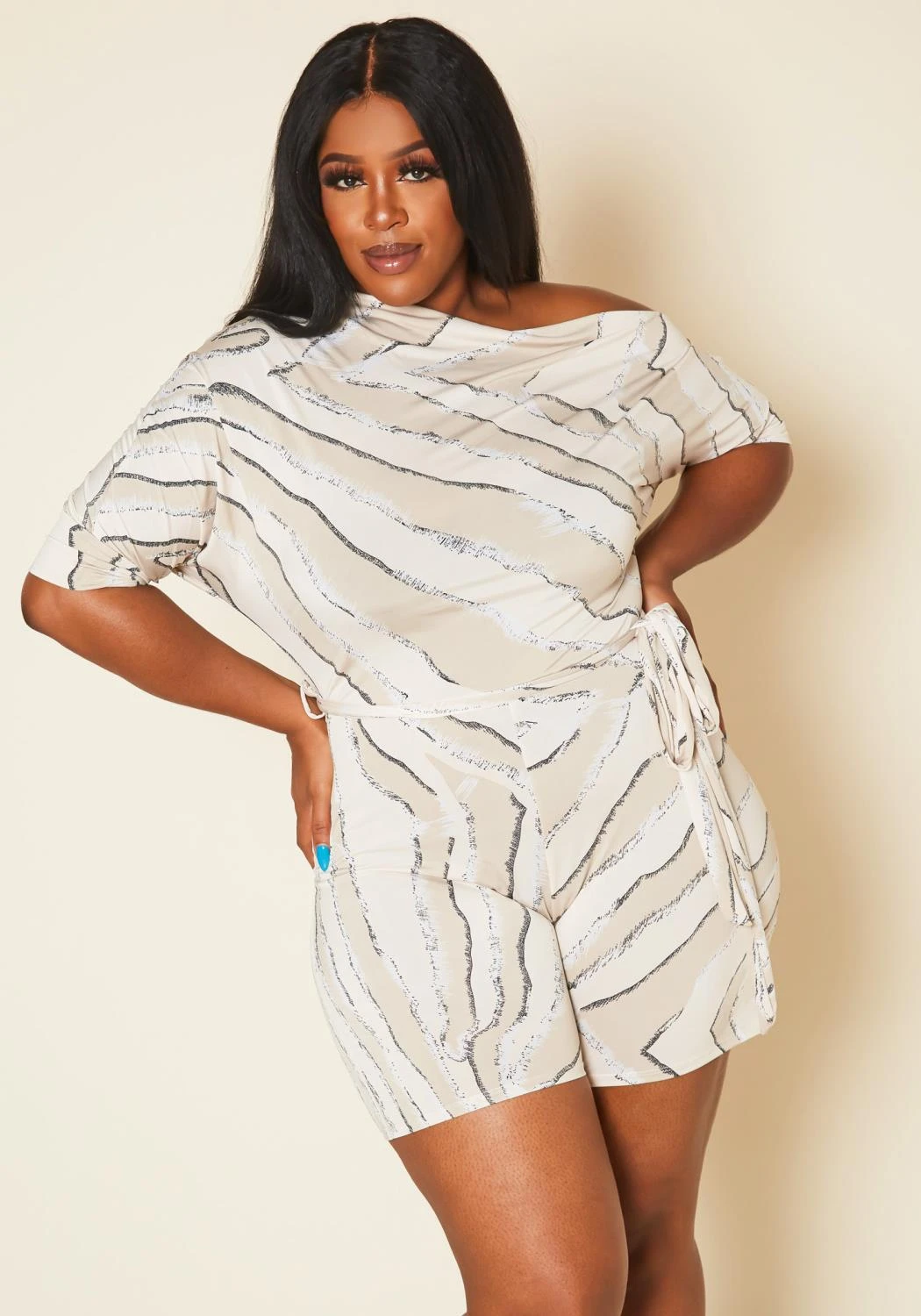 Plus Size Abstract Print Cold Shoulder Romper 3 Plus Size Abstract Print Cold Shoulder Romper
