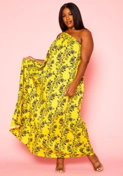 Plus Size One Shoulder Floral Print Maxi Dress