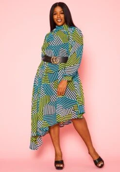 Plus Size Multi Striped Asymmetric Maxi Dress