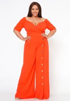 Plus Size Off Shoulder Button Down Jumpsuit