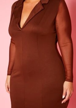 Plus Size Collared Bodycon Dress With Mesh Sleeves -Mini Dress Store 2021085 002 6