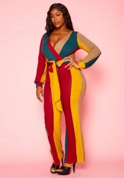 Plus Size Color Block Long Sleeve Jumpsuit -Mini Dress Store 2021136 001 2