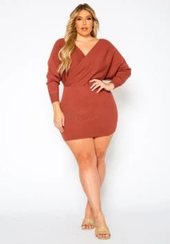 Plus Size Ribbed Knit Dolman Sleeve Mini Dress -Mini Dress Store 2021158 002 1