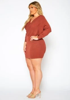 Plus Size Ribbed Knit Dolman Sleeve Mini Dress -Mini Dress Store 2021158 002 3