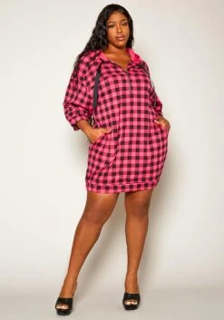 Plus Size Checkered Print Hooded Mini Dress