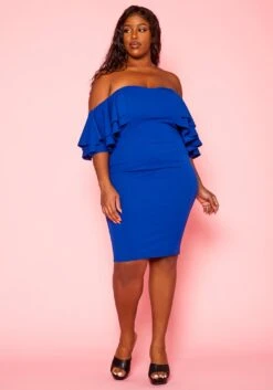 Plus Size Off Shoulder Ruffle Sleeve Mini Dress