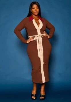 Plus Size Ribbed Knit Color Trim Midi Dress -Mini Dress Store 2021288 001 2