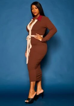 Plus Size Ribbed Knit Color Trim Midi Dress -Mini Dress Store 2021288 001 3