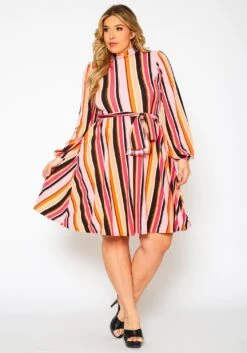 Colorful Mock Neck Fit & Flare Dress